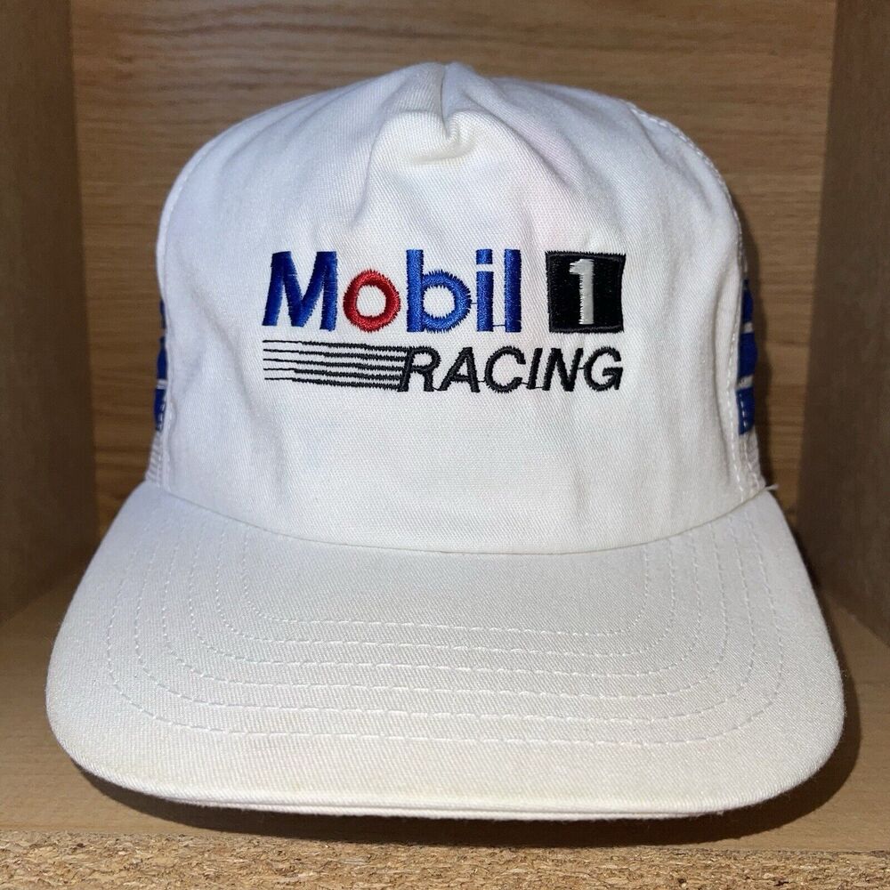 Vintage Mobil 1 Racing Striped White Snapback Cap Mesh Trucker Hat USA Made